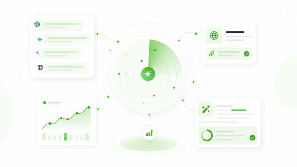Abstract AI visibility tracking dashboard with radar chart, analytics panels, citation indicators, and content optimization cards