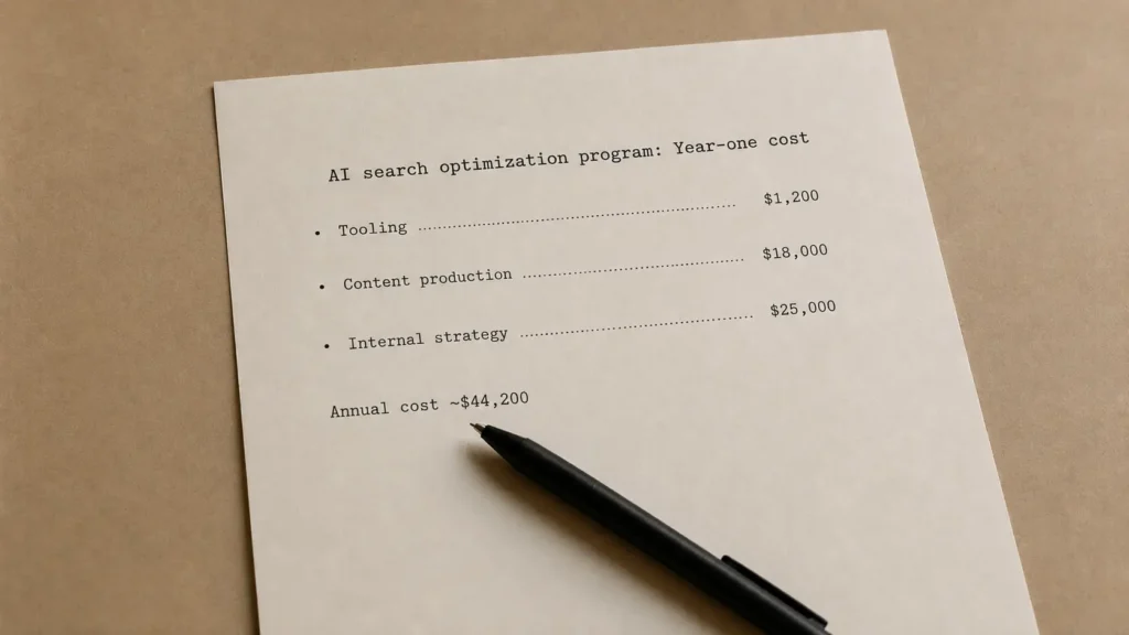 Typed budget document showing year-one AI search optimization program costs for tooling, content production, and internal strategy.