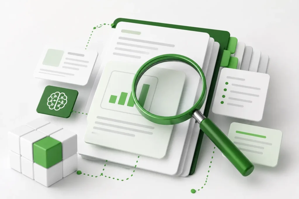 3D illustration of AI search citation analysis with a magnifying glass over SaaS content documents and analytics elements.