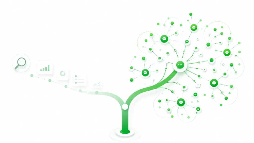 Abstract illustration of a diverging path from traditional keyword metrics to a network of connected fan-out query clusters.