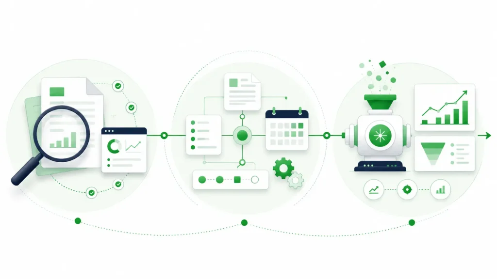 Illustration showing a fractional head of content process from diagnosis and system building to measurable growth and pipeline results.