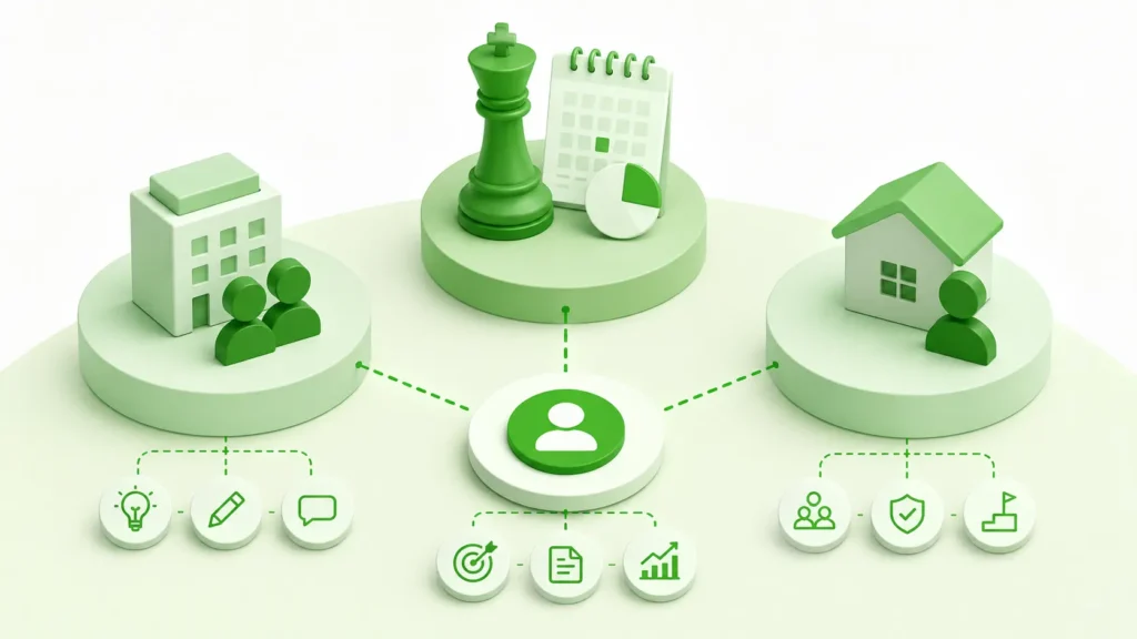 Illustration comparing three content team models: fractional content leadership, content agency support, and in-house content ownership.