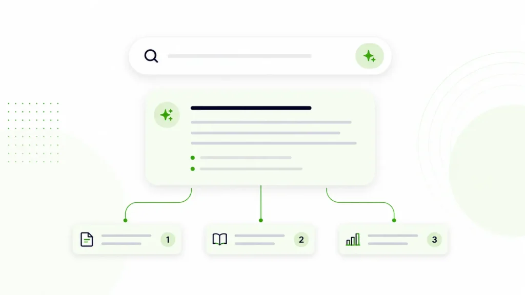 AI search optimization: Illustration of an AI search result pulling from three cited content sources.